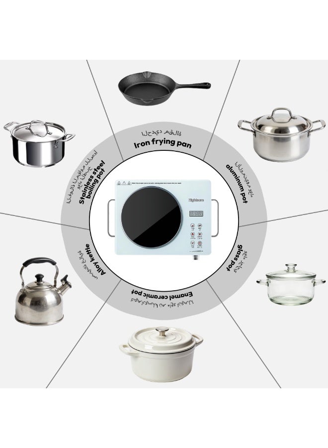 رايتشر موقد يعمل بالأشعة تحت الحمراء، عنصر تسخين سيراميكي بقوة 2200 واط، موقد كهربائي بسطح زجاجي مزدوج الكريستال وموقد واحد، مزود بلوحة تحكم تعمل باللمس قابلة لضبط درجة الحرارة بالأرقام العربية ووظيفة حماية من السخونة الزائدة (لون أبيض) - Image 3